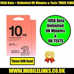 10GB Data Three UK sim card Pay As You Go With Unlimited Mins & Texts Sim